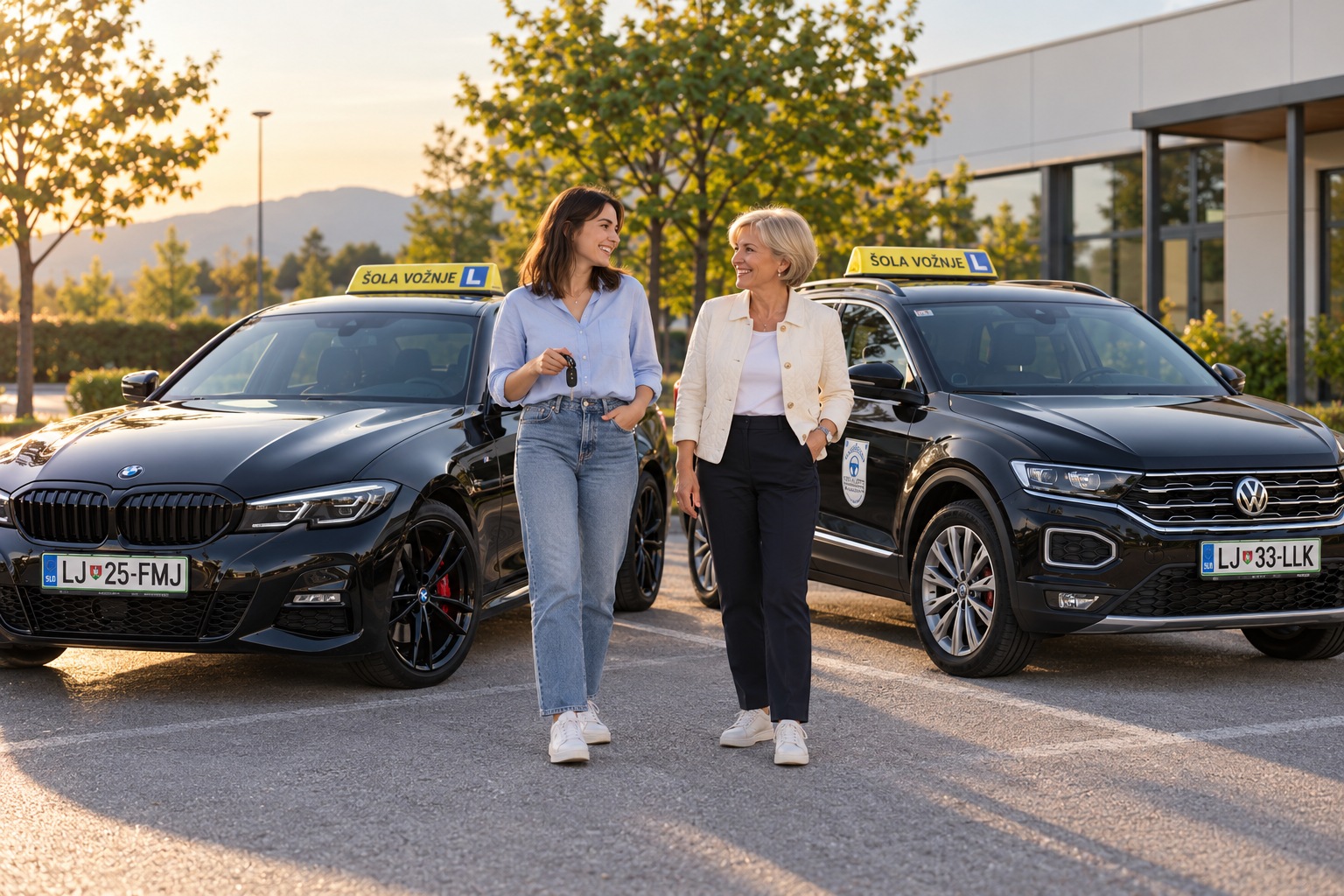 Ilustrativna fotografija dveh odraslih kandidatk ob vozilih BMW in Volkswagen T-Roc
